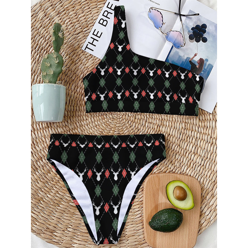 Christmas Deer Argyle Pattern Print One Shoulder Bikini Top