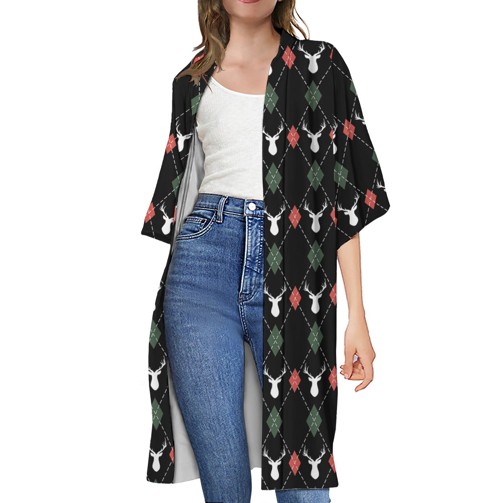 Christmas Deer Argyle Pattern Print Open Front Beach Cover Up