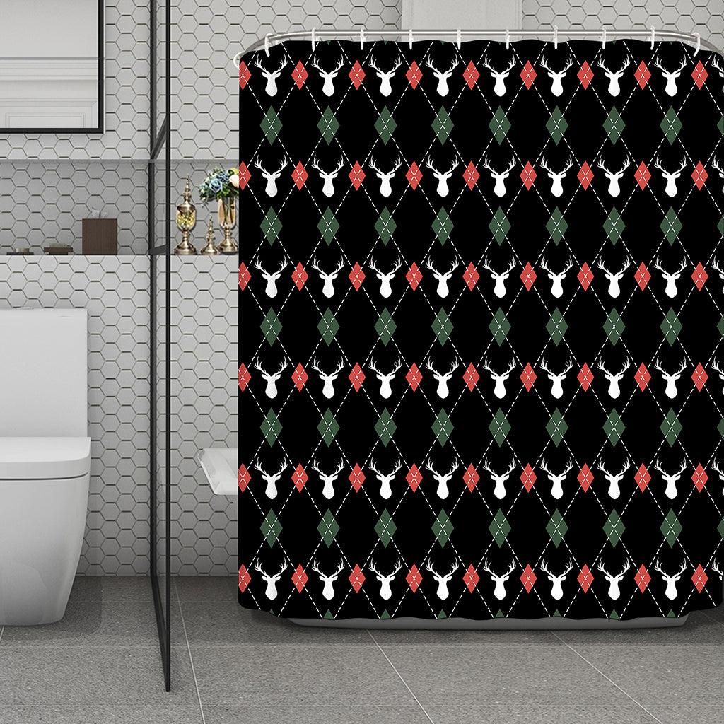 Christmas Deer Argyle Pattern Print Polyester Shower Curtain