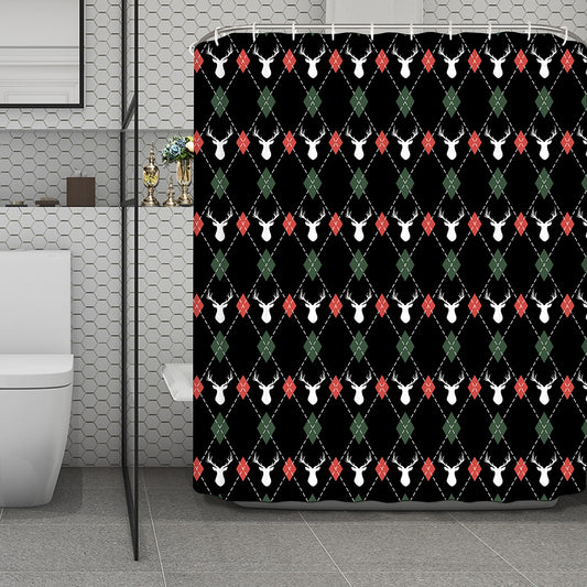 Christmas Deer Argyle Pattern Print Polyester Shower Curtain