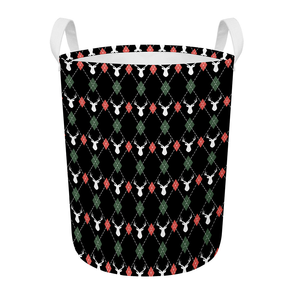 Christmas Deer Argyle Pattern Print Round Laundry Basket
