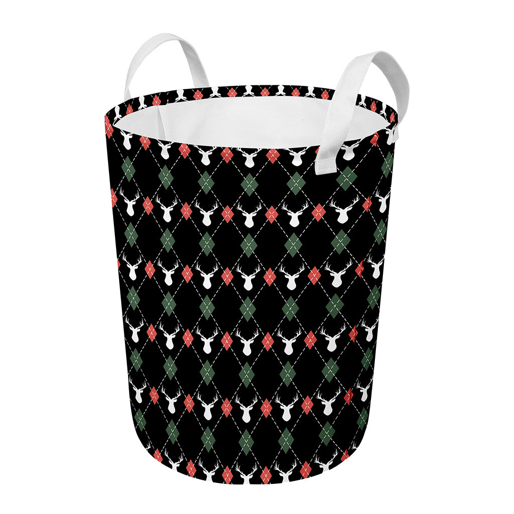 Christmas Deer Argyle Pattern Print Round Laundry Basket