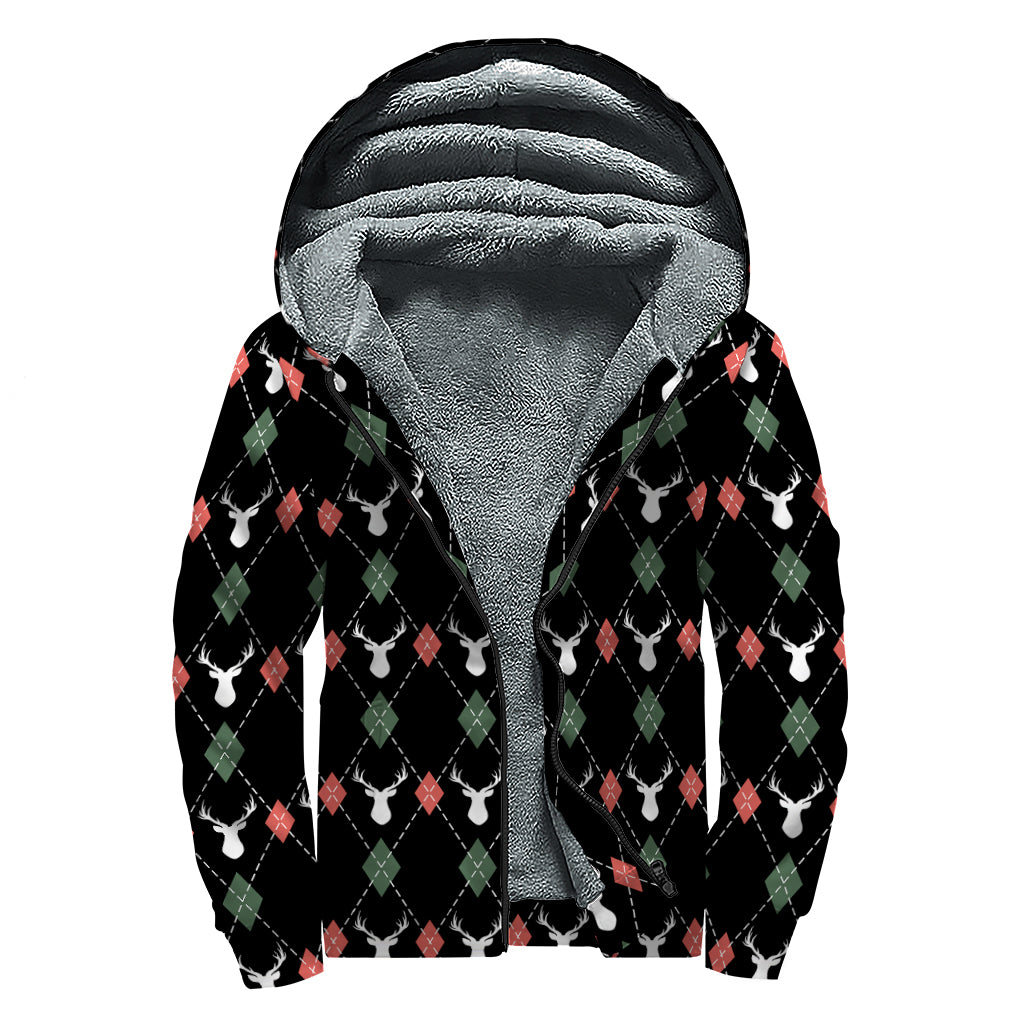 Christmas Deer Argyle Pattern Print Sherpa Lined Zip Up Hoodie