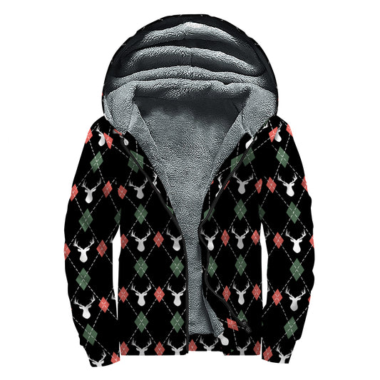 Christmas Deer Argyle Pattern Print Sherpa Lined Zip Up Hoodie