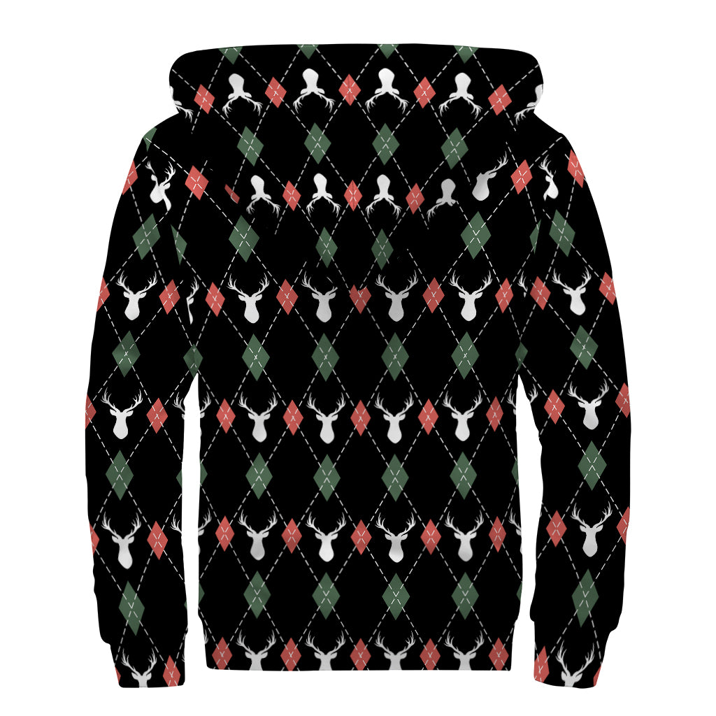 Christmas Deer Argyle Pattern Print Sherpa Lined Zip Up Hoodie