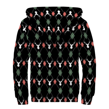 Christmas Deer Argyle Pattern Print Sherpa Lined Zip Up Hoodie