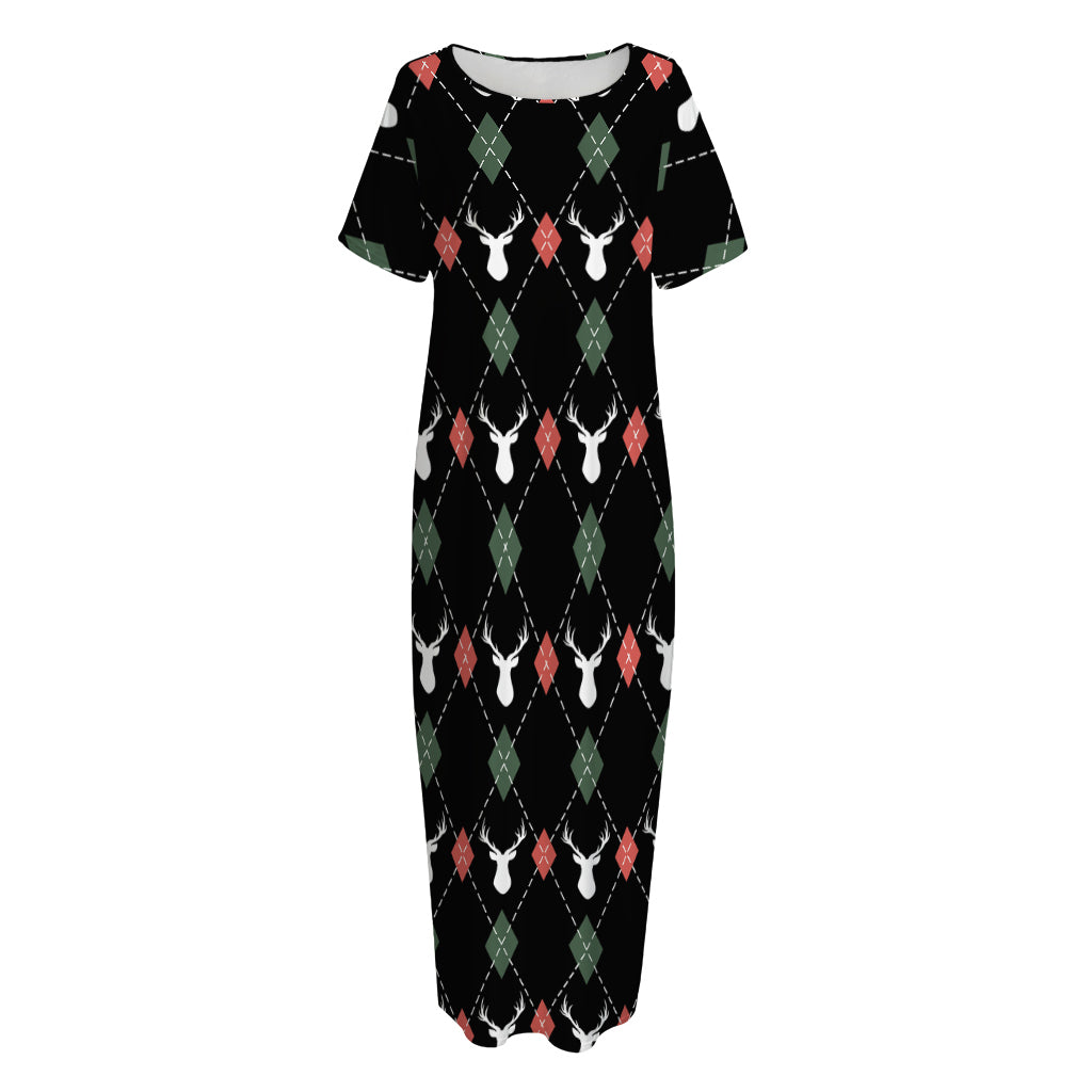 Christmas Deer Argyle Pattern Print Short Sleeve Long Nightdress