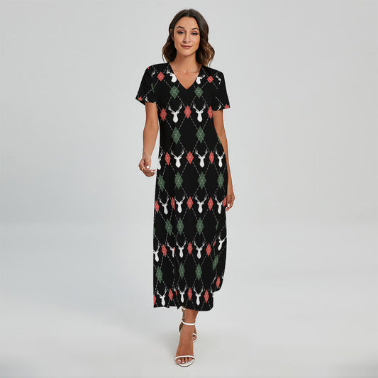 Christmas Deer Argyle Pattern Print Short Sleeve Maxi Dress