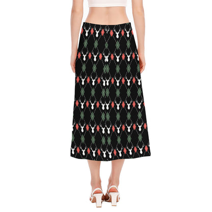 Christmas Deer Argyle Pattern Print Side Slit Midi Skirt