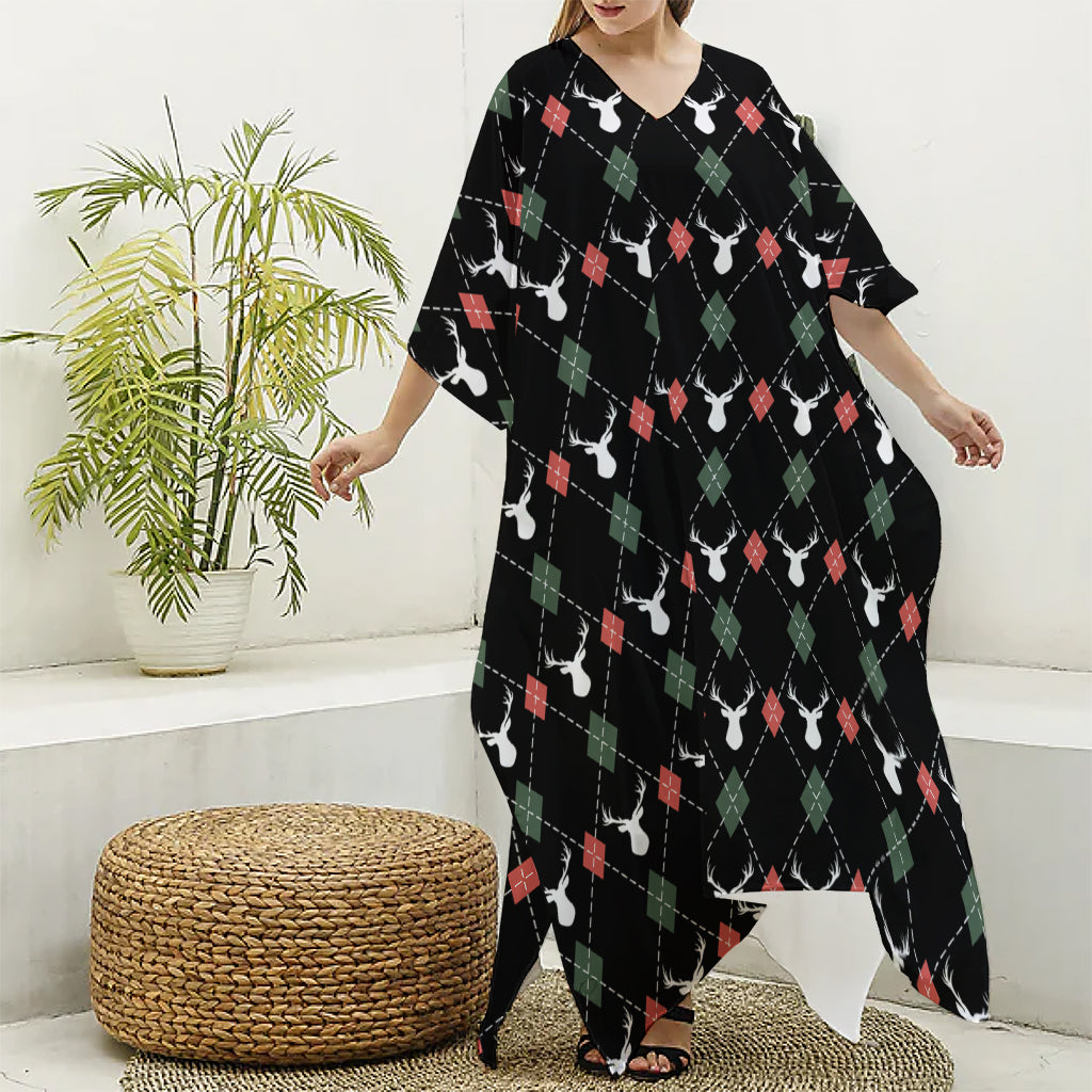 Christmas Deer Argyle Pattern Print Silk V-Neck Kaftan Dress