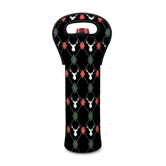 Christmas Deer Argyle Pattern Print Single Neoprene Wine Tote