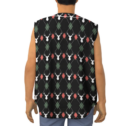 Christmas Deer Argyle Pattern Print Sleeveless Baseball Jersey