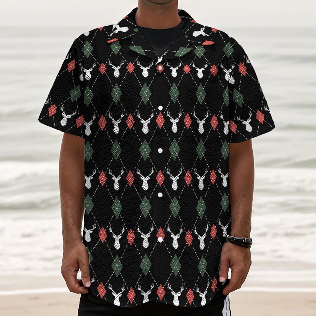 Christmas Deer Argyle Pattern Print Textured Short Sleeve Shirt