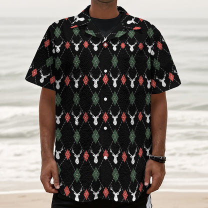 Christmas Deer Argyle Pattern Print Textured Short Sleeve Shirt