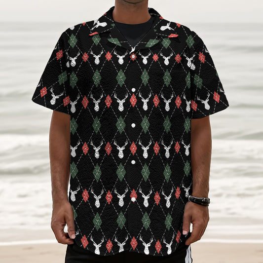 Christmas Deer Argyle Pattern Print Textured Short Sleeve Shirt