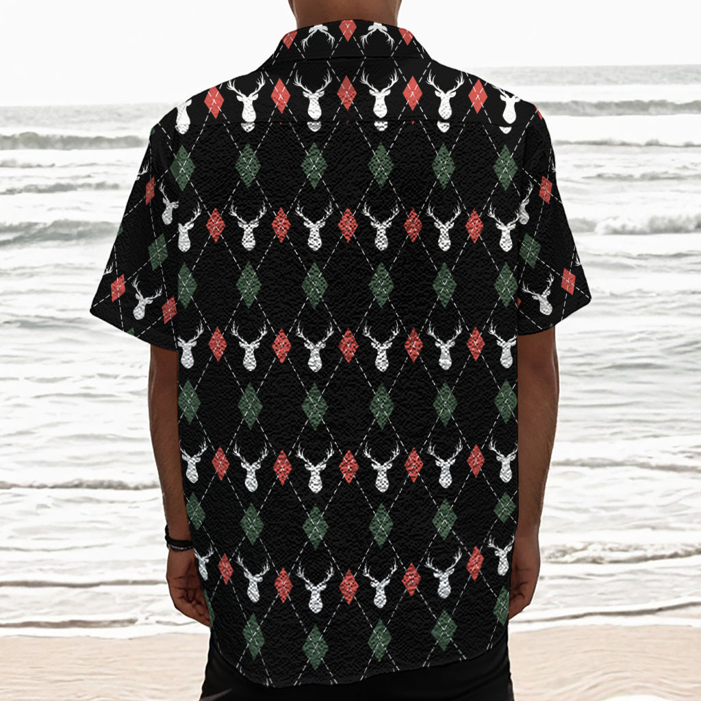 Christmas Deer Argyle Pattern Print Textured Short Sleeve Shirt