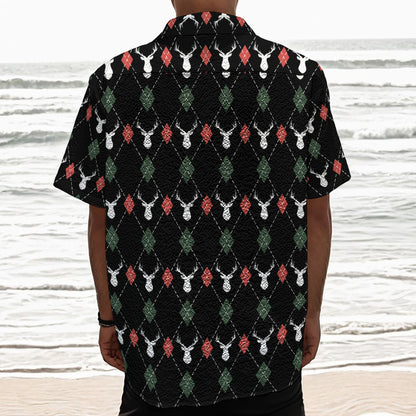 Christmas Deer Argyle Pattern Print Textured Short Sleeve Shirt