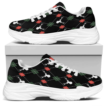 Christmas Deer Argyle Pattern Print White Chunky Shoes