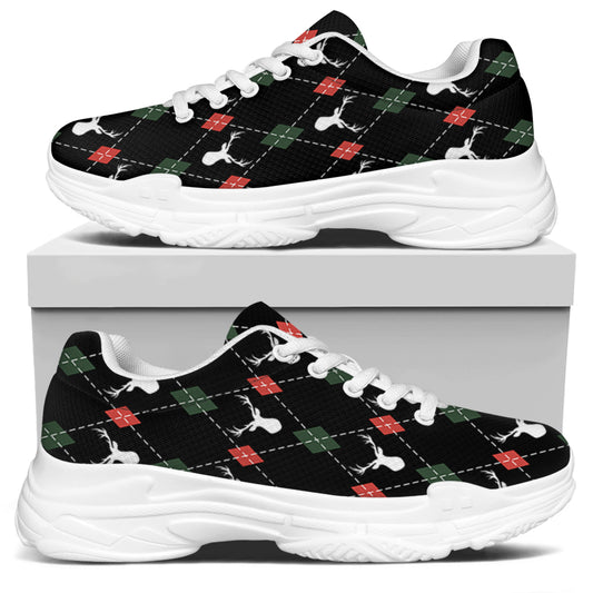 Christmas Deer Argyle Pattern Print White Chunky Shoes