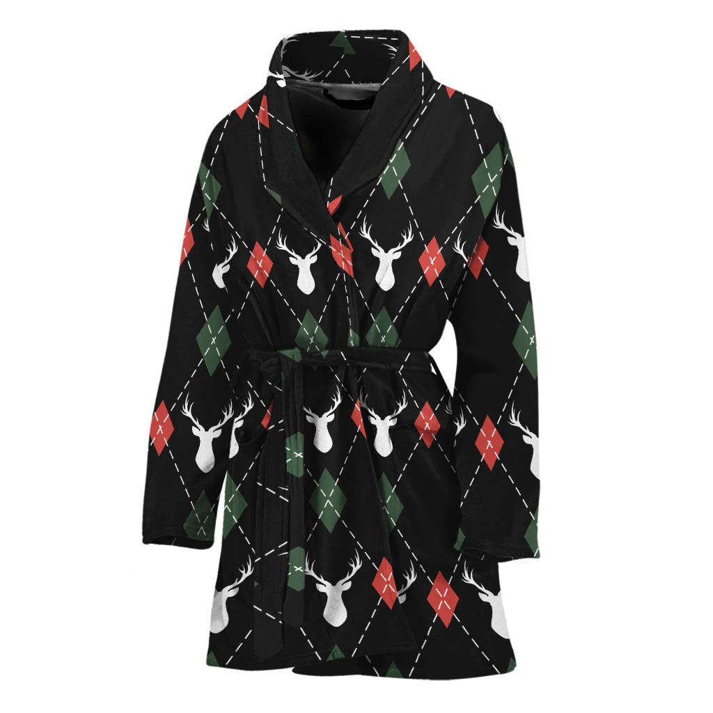 Christmas Deer Argyle Pattern Print Women's Bathrobe