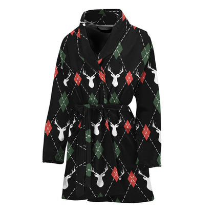 Christmas Deer Argyle Pattern Print Women's Bathrobe