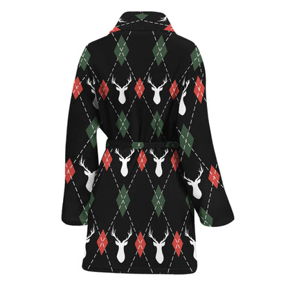 Christmas Deer Argyle Pattern Print Women's Bathrobe