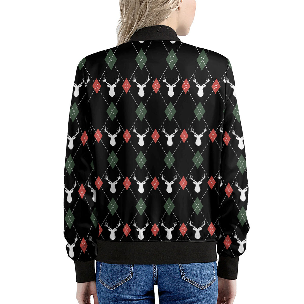 Christmas Deer Argyle Pattern Print Women's Bomber Jacket