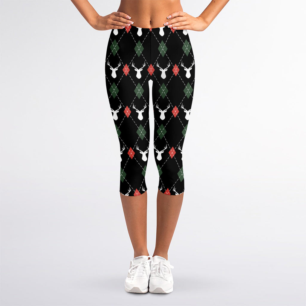 Christmas Deer Argyle Pattern Print Women's Capri Leggings