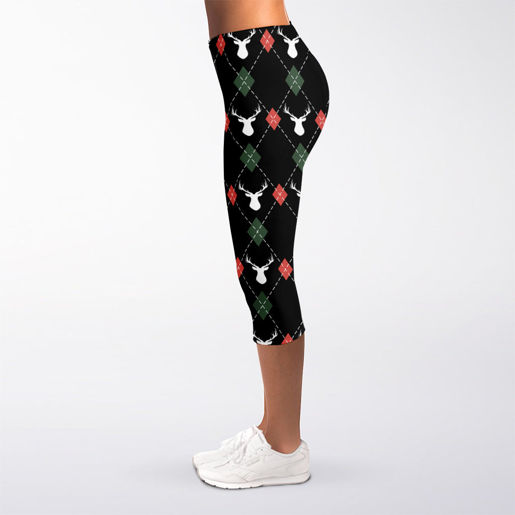 Christmas Deer Argyle Pattern Print Women's Capri Leggings