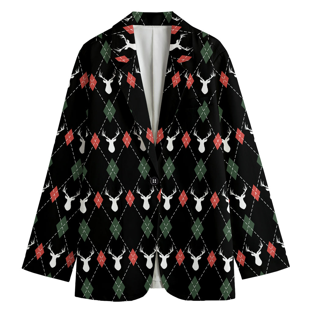Christmas Deer Argyle Pattern Print Women's Cotton Blazer