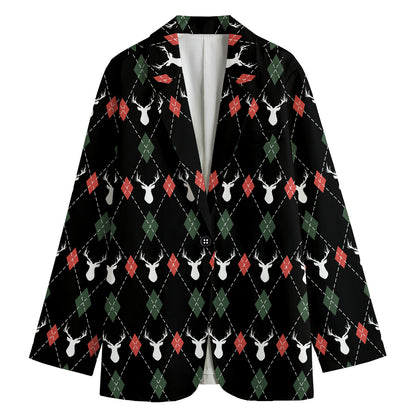 Christmas Deer Argyle Pattern Print Women's Cotton Blazer