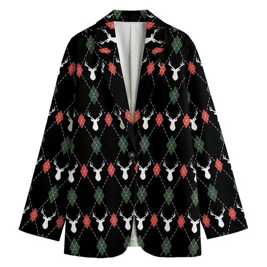 Christmas Deer Argyle Pattern Print Women's Cotton Blazer
