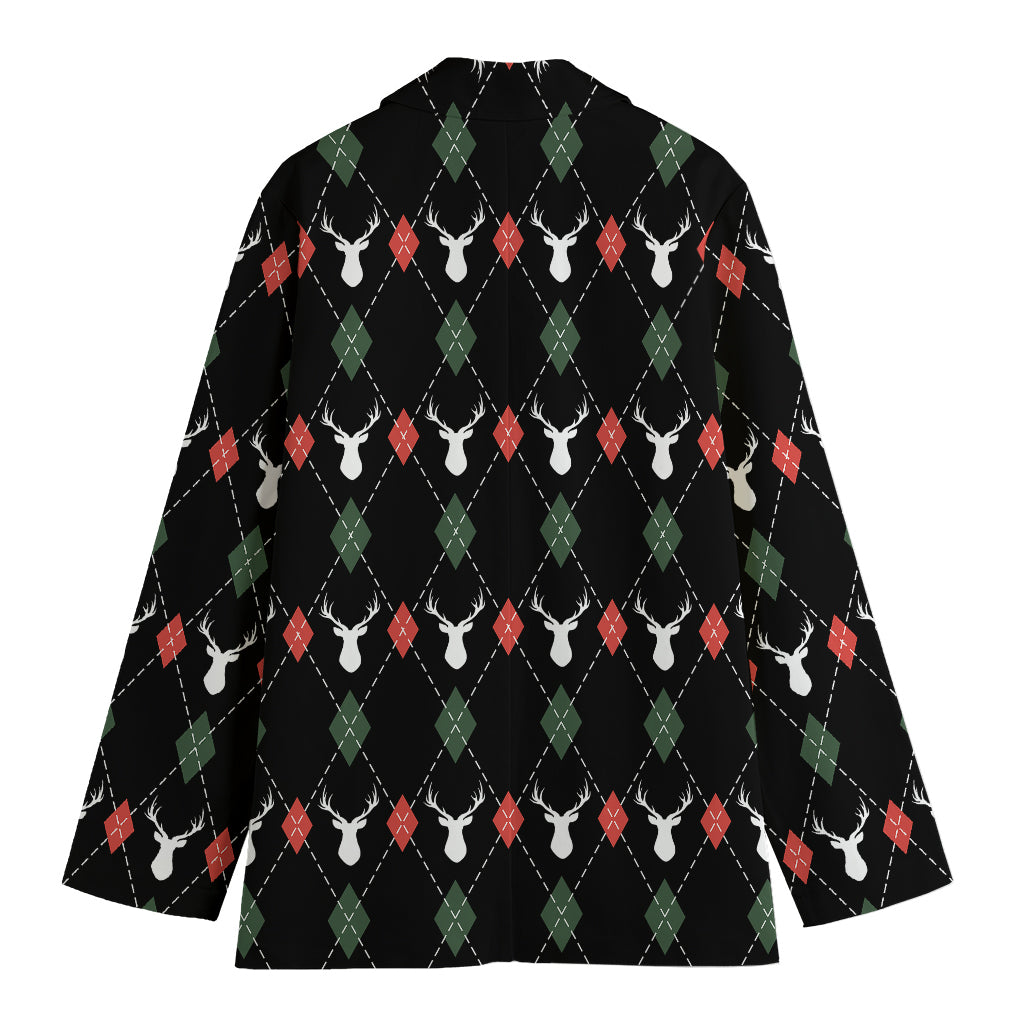 Christmas Deer Argyle Pattern Print Women's Cotton Blazer