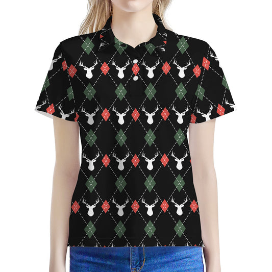 Christmas Deer Argyle Pattern Print Women's Polo Shirt