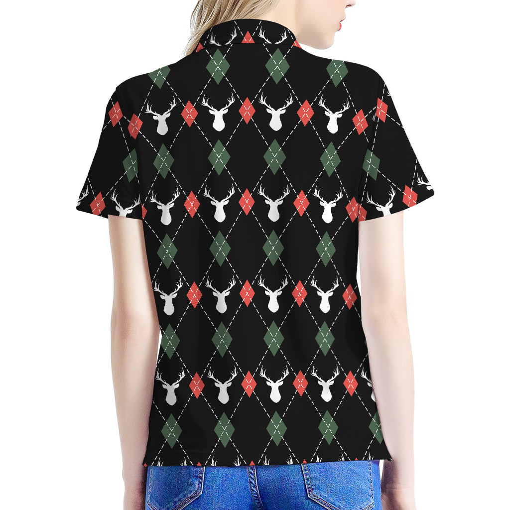 Christmas Deer Argyle Pattern Print Women's Polo Shirt