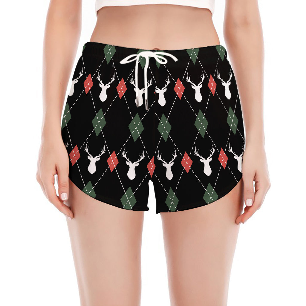 Christmas Deer Argyle Pattern Print Women's Split Running Shorts