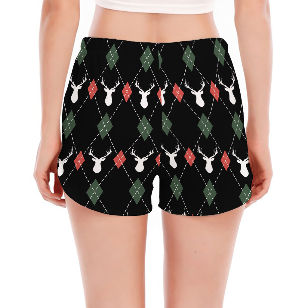 Christmas Deer Argyle Pattern Print Women's Split Running Shorts