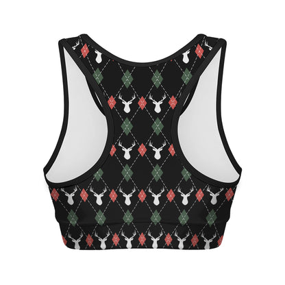 Christmas Deer Argyle Pattern Print Women's Sports Bra