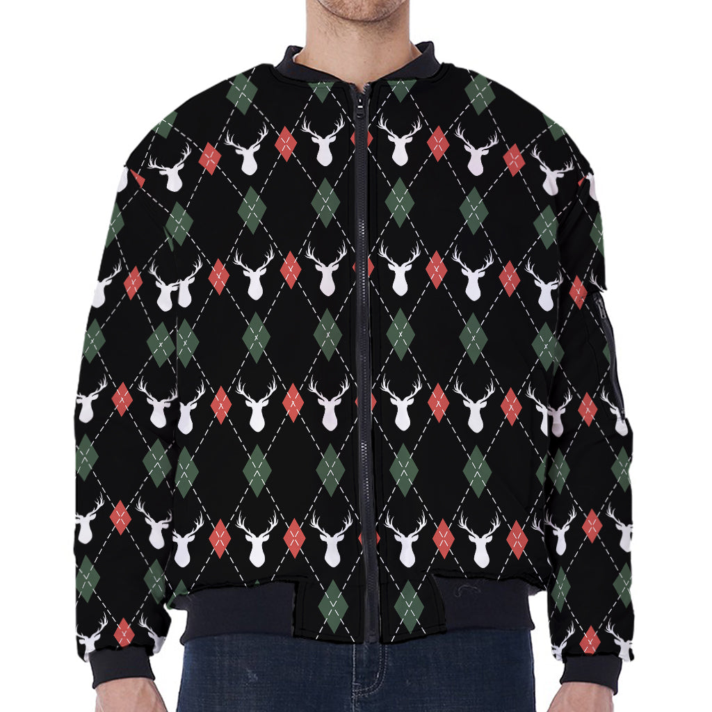 Christmas Deer Argyle Pattern Print Zip Sleeve Bomber Jacket