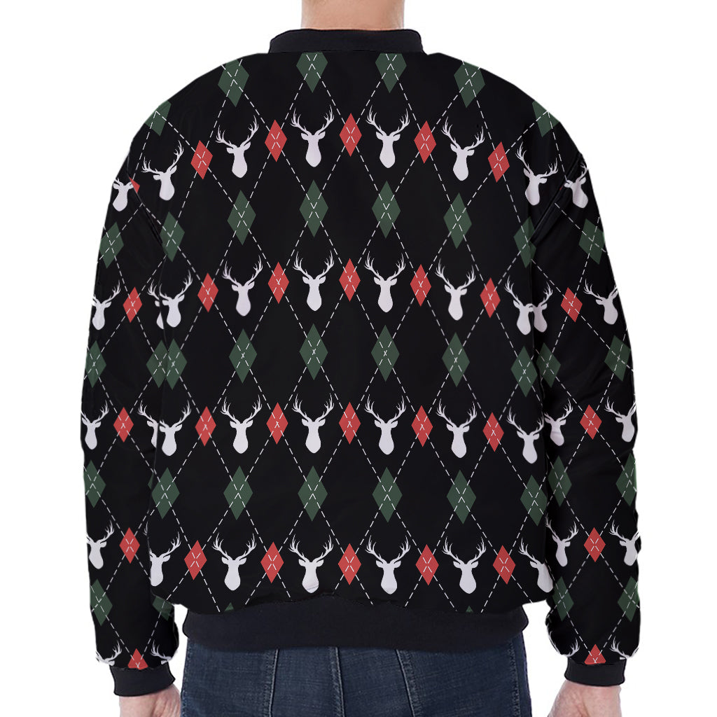 Christmas Deer Argyle Pattern Print Zip Sleeve Bomber Jacket