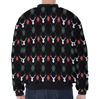 Christmas Deer Argyle Pattern Print Zip Sleeve Bomber Jacket
