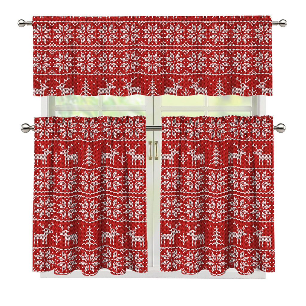 Christmas Deer Knitted Pattern Print 3 Piece Kitchen Curtains