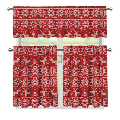 Christmas Deer Knitted Pattern Print 3 Piece Kitchen Curtains