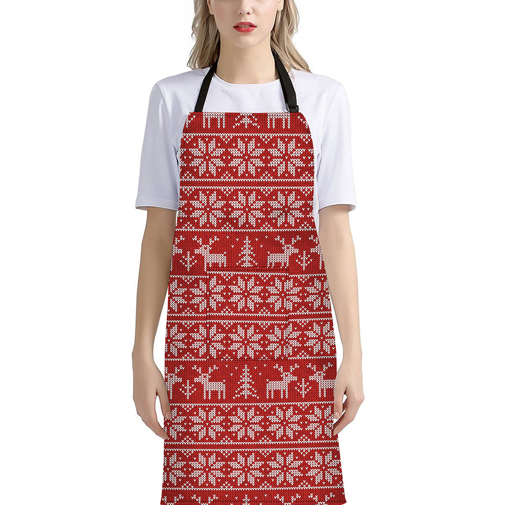 Christmas Deer Knitted Pattern Print Bib Apron With Pocket