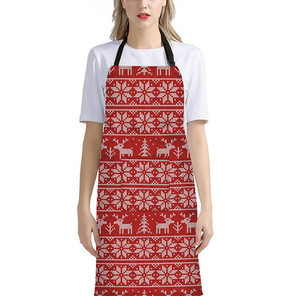 Christmas Deer Knitted Pattern Print Bib Apron With Pocket