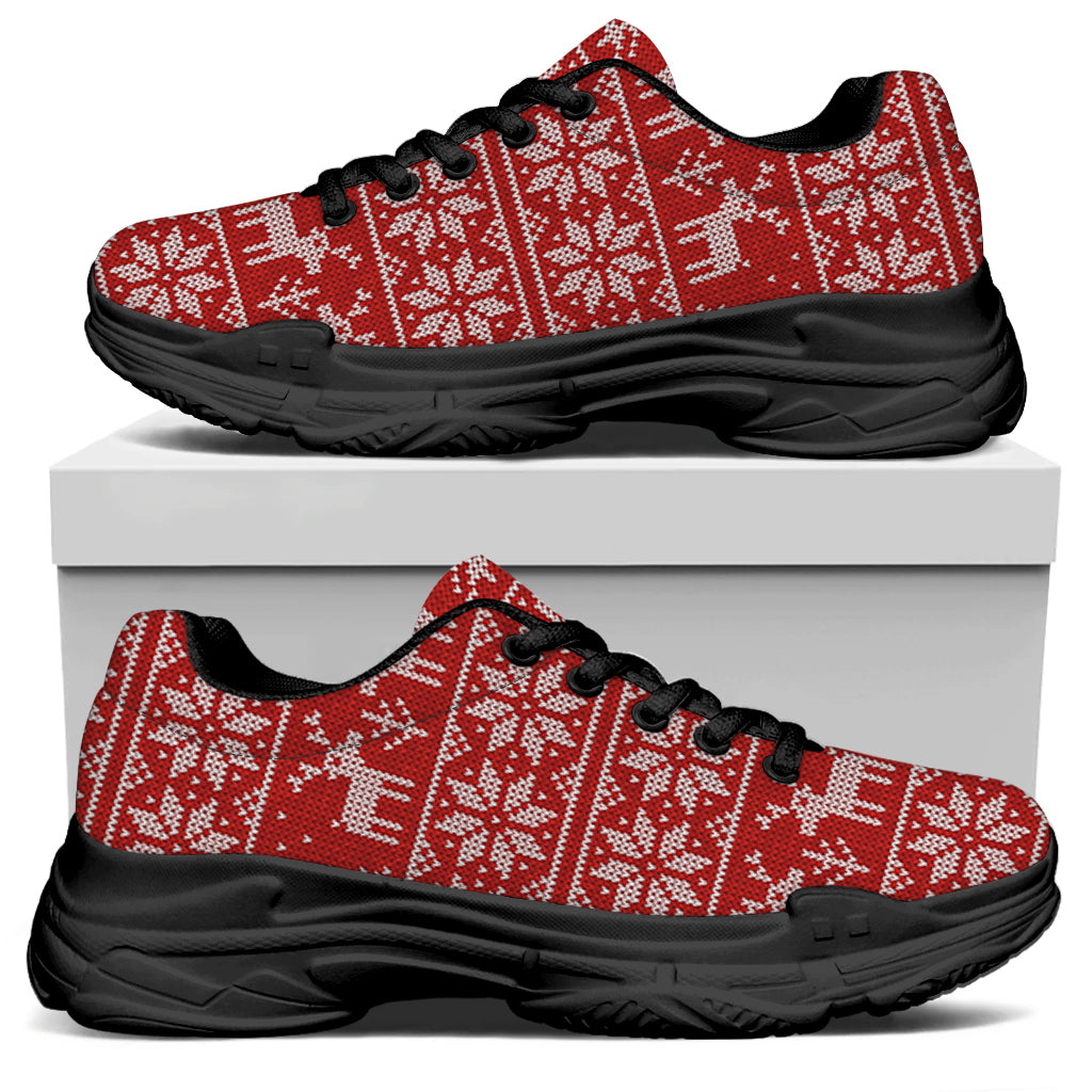 Christmas Deer Knitted Pattern Print Black Chunky Shoes