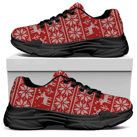 Christmas Deer Knitted Pattern Print Black Chunky Shoes