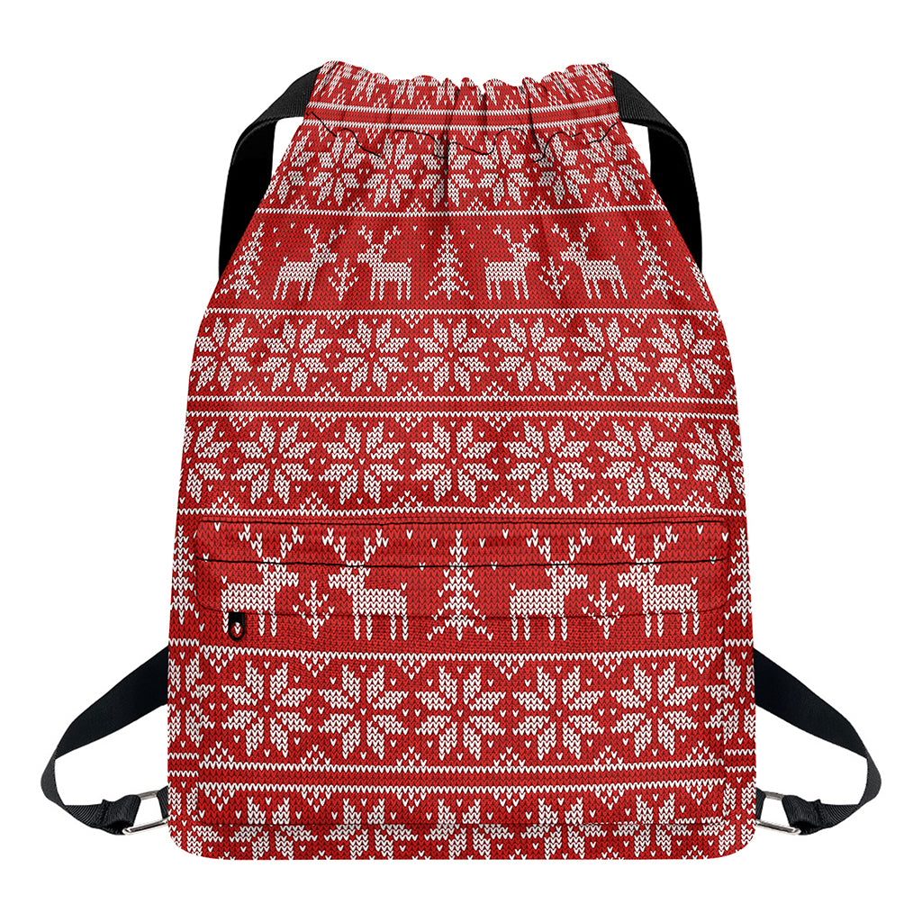 Christmas Deer Knitted Pattern Print Drawstring Backpack