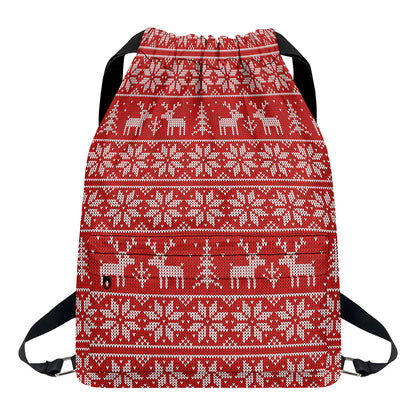 Christmas Deer Knitted Pattern Print Drawstring Backpack