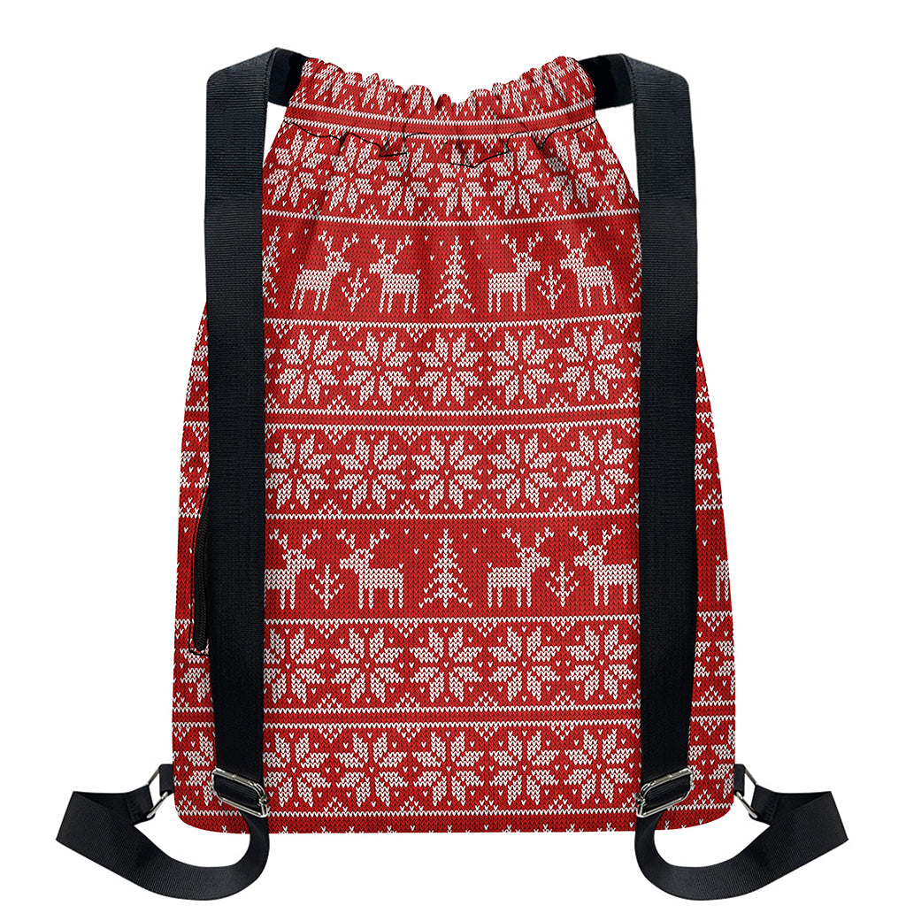 Christmas Deer Knitted Pattern Print Drawstring Backpack
